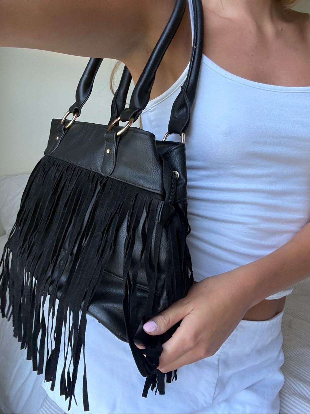 Black Fringe Leather Tote Bag purse